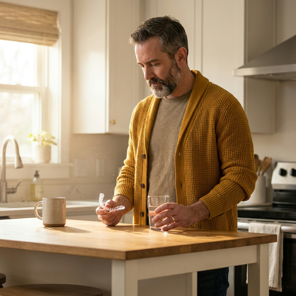 Christopher, wearing a mustard cardigan, holds a clear aligner tray and a glass of water while standing at a kitchen island in morning light.