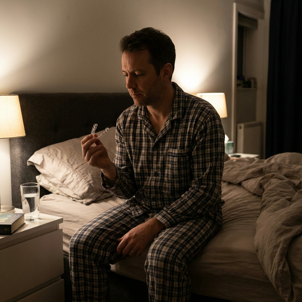 Christopher, wearing plaid pajamas, sits on a bed in a dimly lit bedroom, looking at a clear aligner tray he holds in his hand.