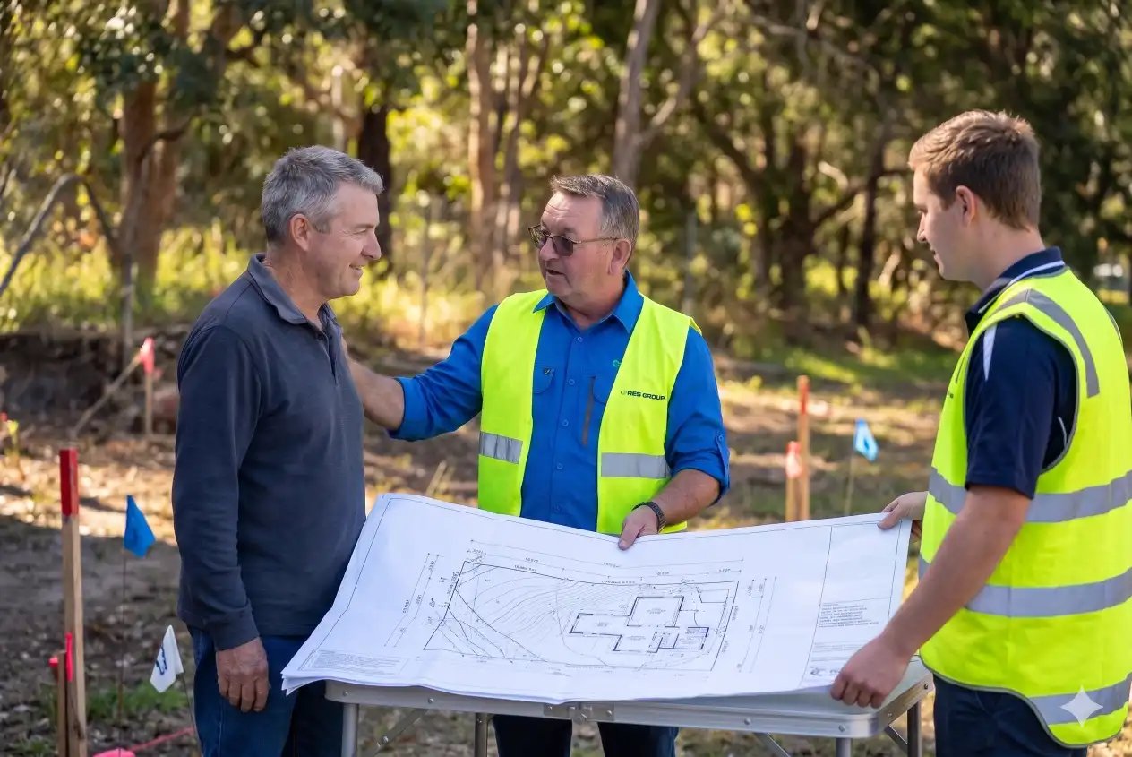 Two surveyors discussing a plan on site