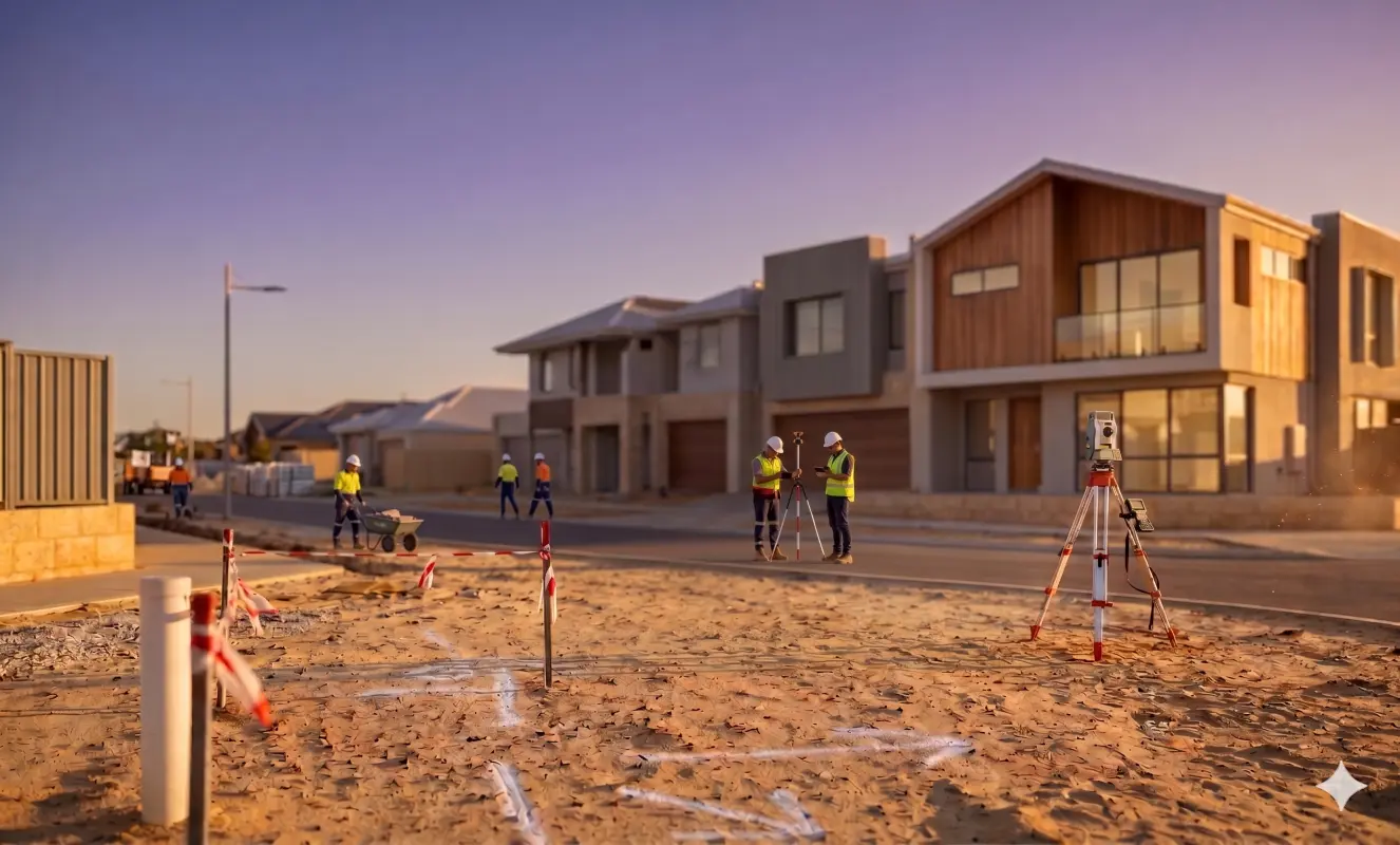 Surveyors on a Perth residential site at dusk
