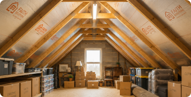 Loft storage solution with boarded floor and access hatch