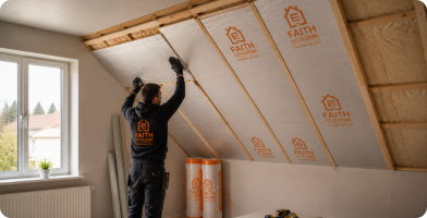 Sloped ceiling insulation being installed in attic conversion