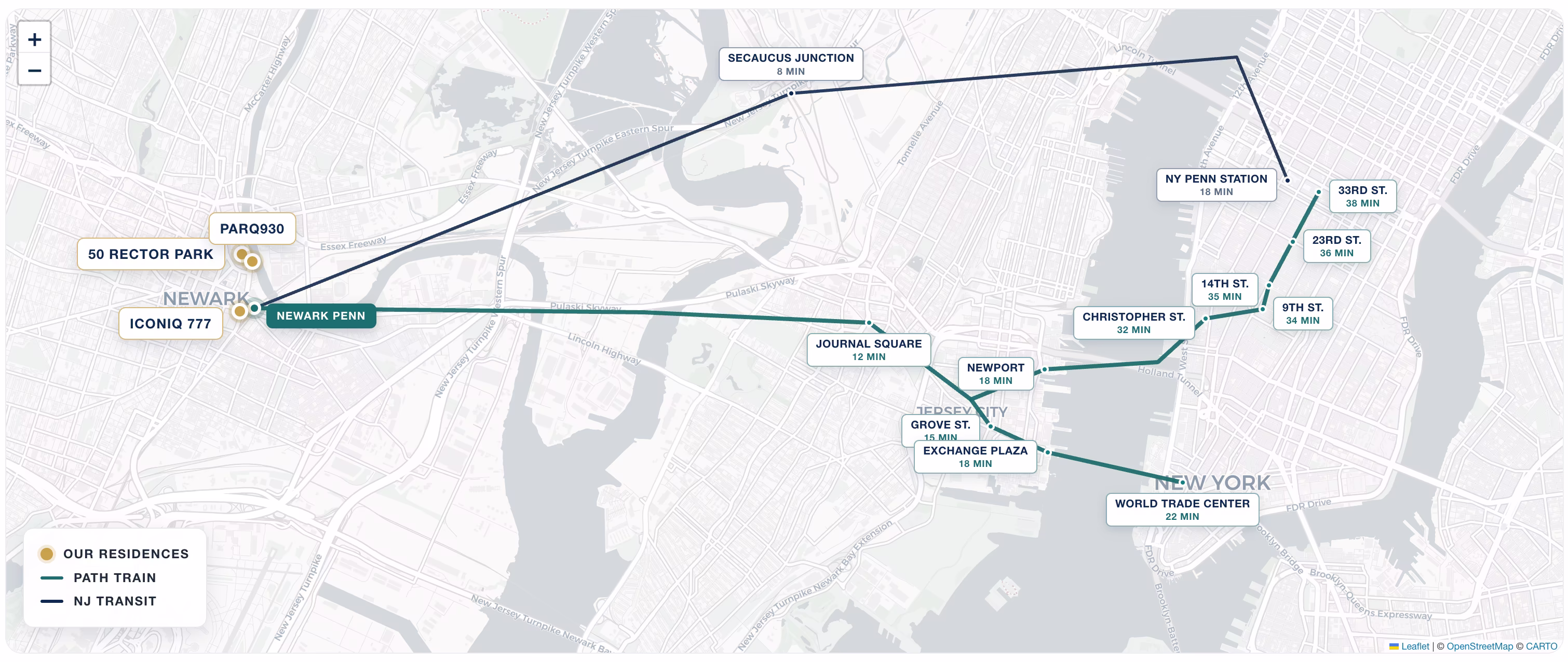 Transit map showing the three Newark Collection communities near Newark Penn Station and the PATH to NYC