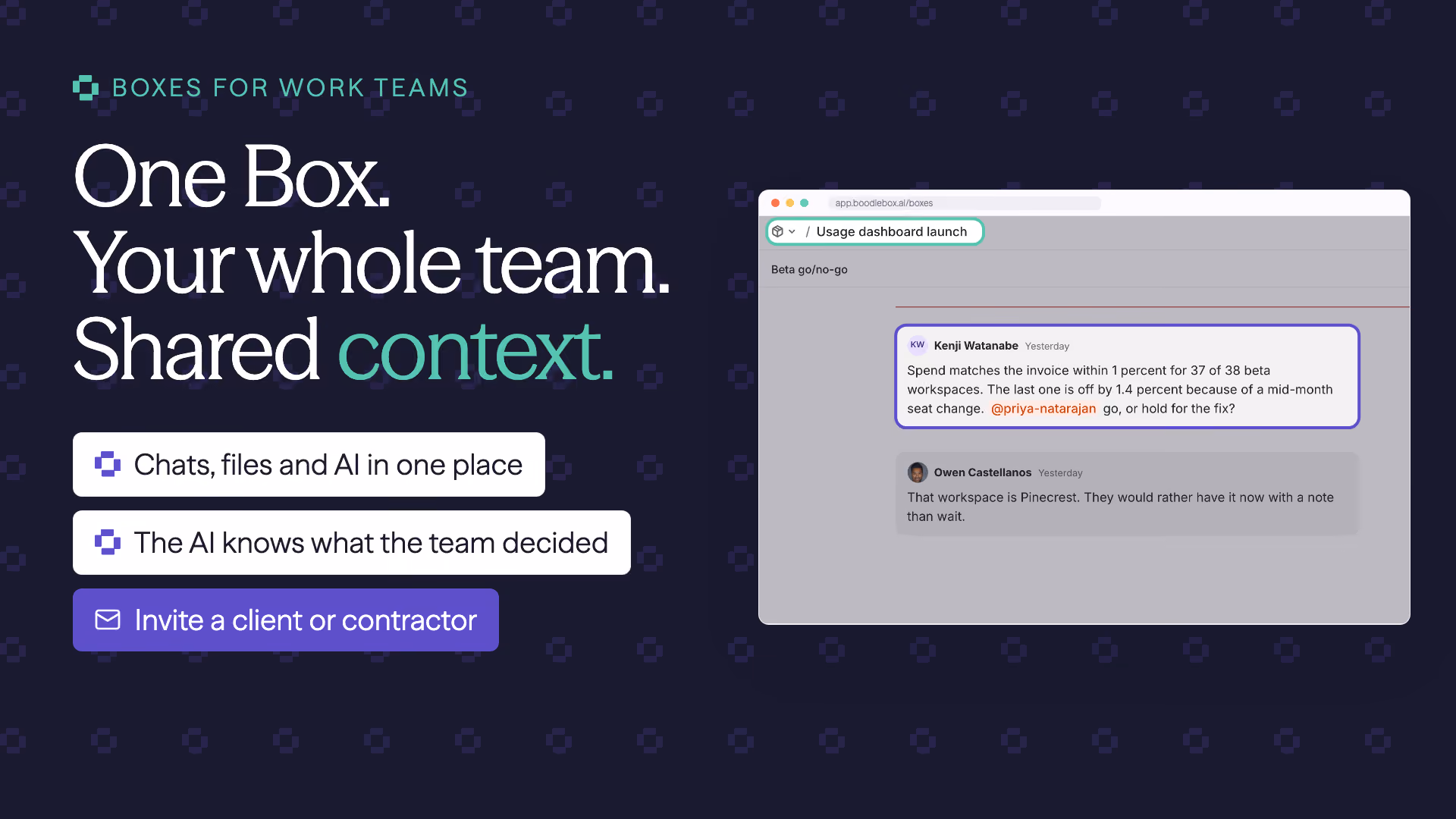 A Box for a usage dashboard launch: a teammate asks whether to go or hold for a fix, and a colleague replies in the same thread.