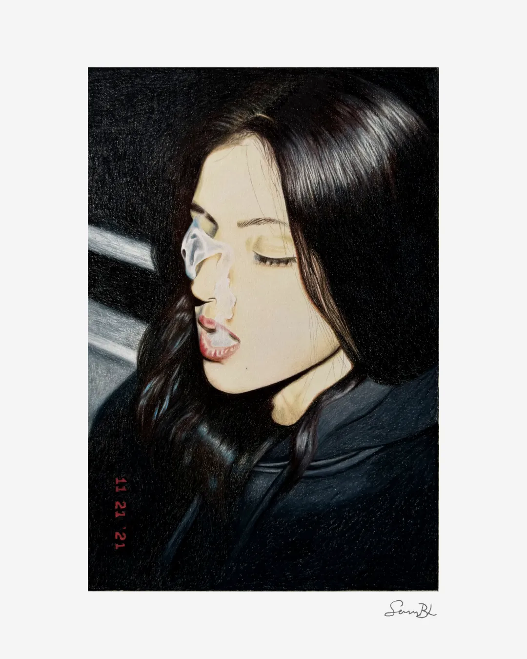 Colored pencil art of a woman smoking taken in a digital photograph by Sam Budiartho