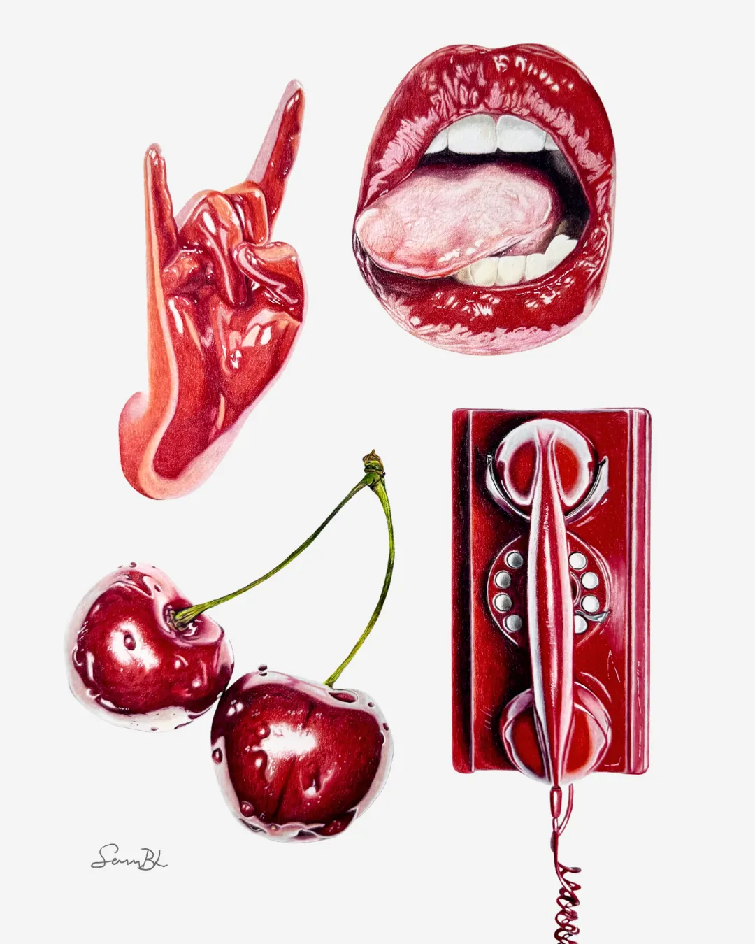 Colored pencil art of hyperrealistic lips, a rock on statue hand, cherries, and an old telephone by Sam Budiartho