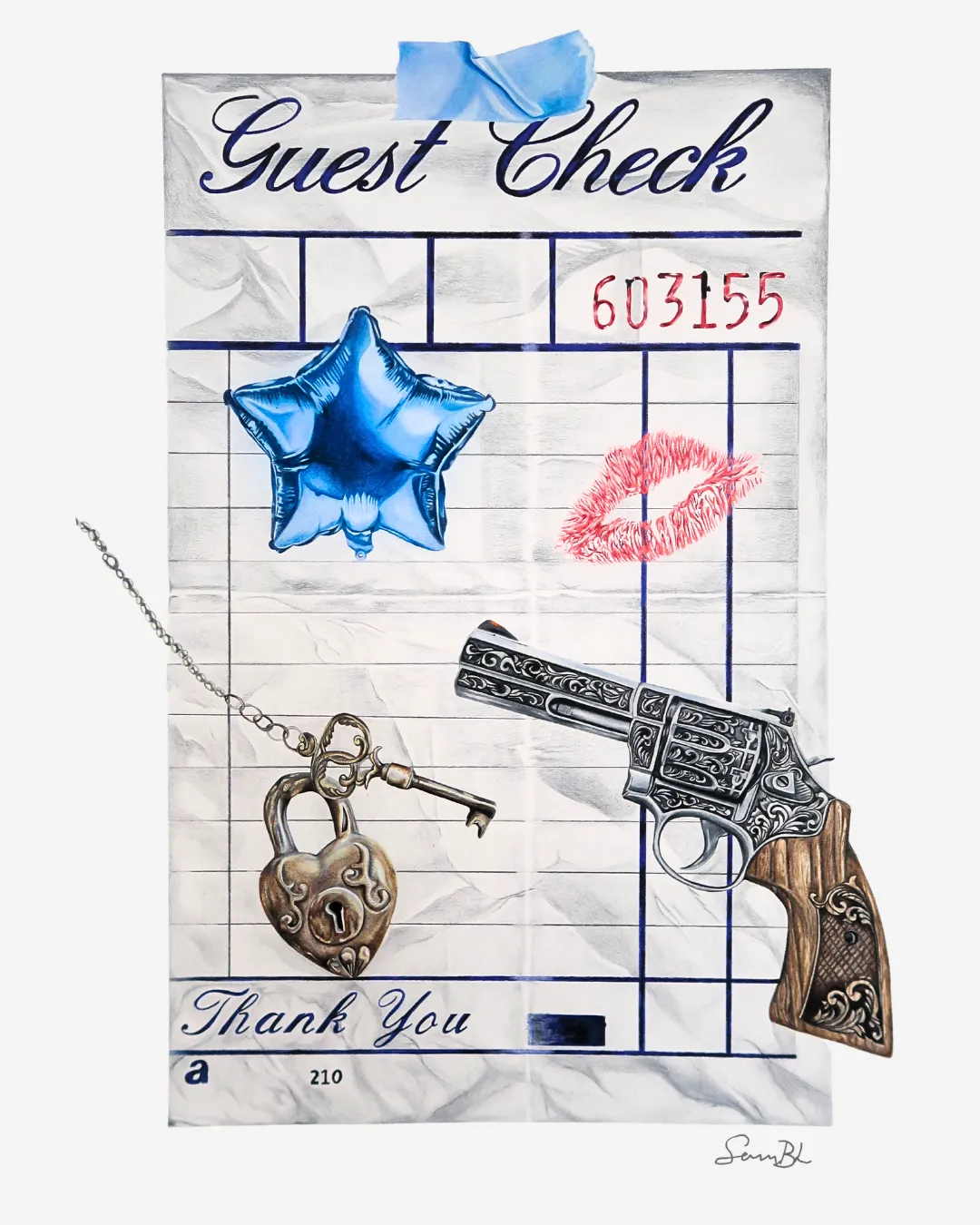 Colored pencil art of a guest check, with an ornate gun, a lock and key, a star blue balloon by Sam budiartho