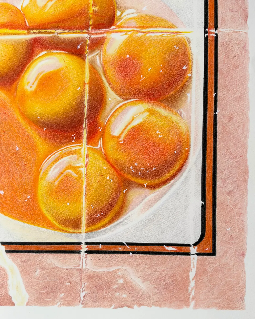 Detail of hand-drawn folds, creases, scratches, and worn edges in the pink paper of Yolked! Propoganda, a colored pencil artwork by Sam Budiartho.