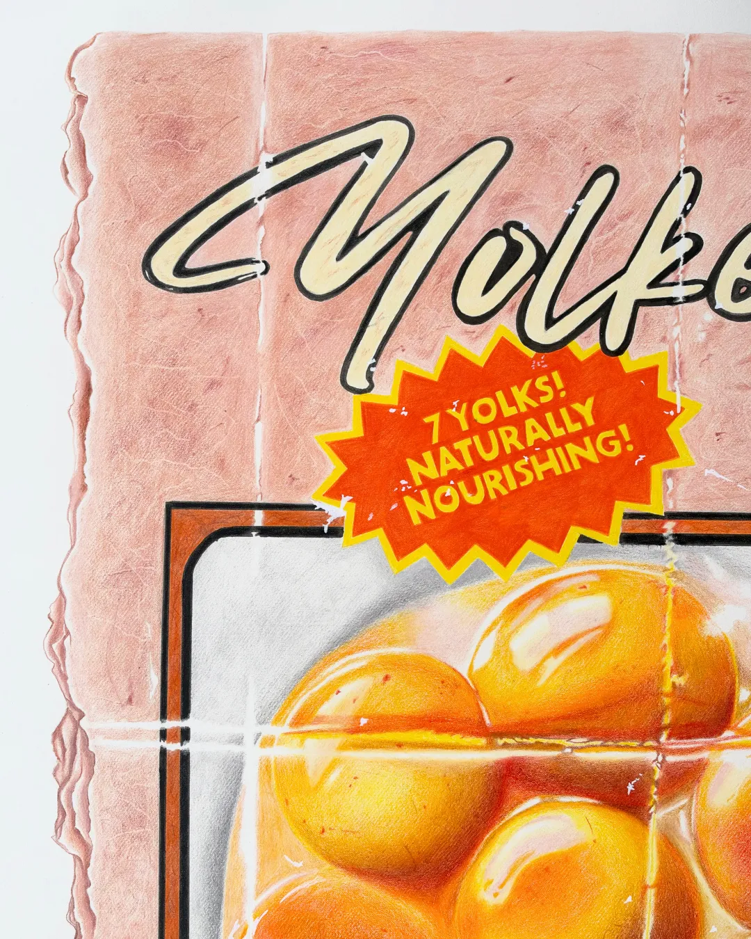 Yolked! Propoganda by Sam Budiartho, a realistic colored pencil drawing of egg yolks presented as a distressed vintage advertisement in pink and orange.