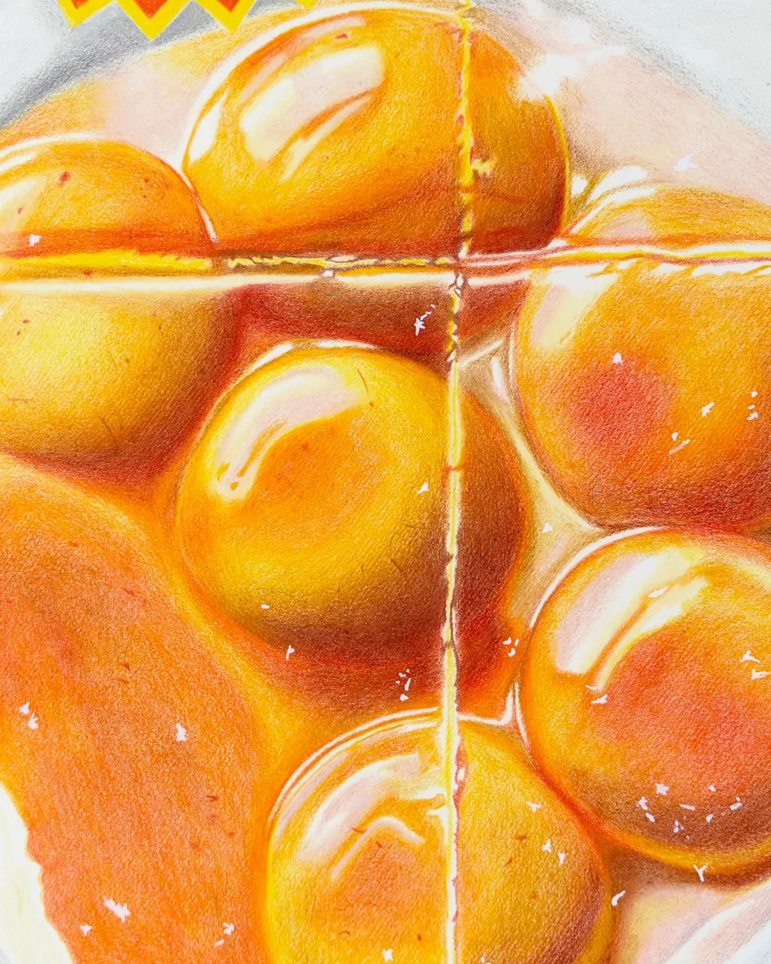 Close-up of seven realistic egg yolks rendered in colored pencil, showing glossy highlights, rich orange tones, and detailed shading in Yolked! Propoganda by Sam Budiartho.