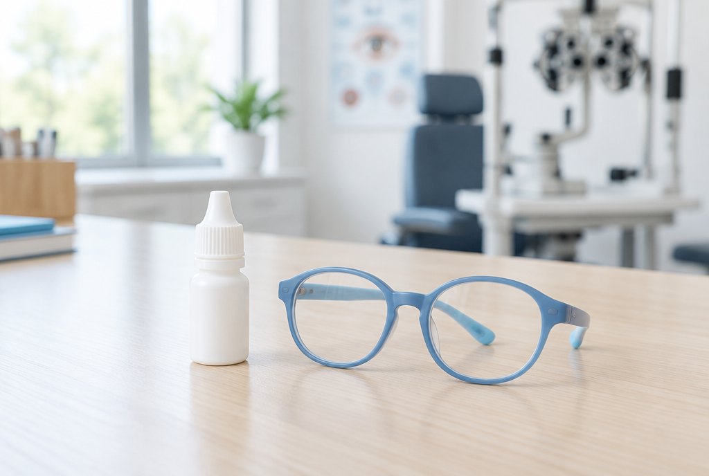 Unbranded eye drop bottle beside a pair of children's glasses on a clinic desk