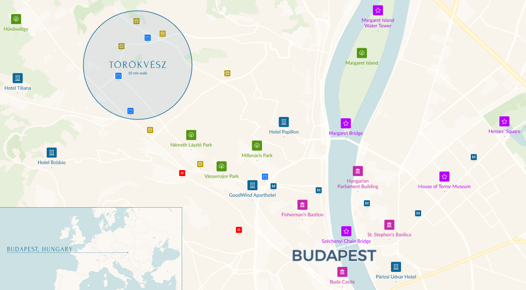 Map of Budapest with landmarks, parks, hotels, and public transit icons on the river and city.