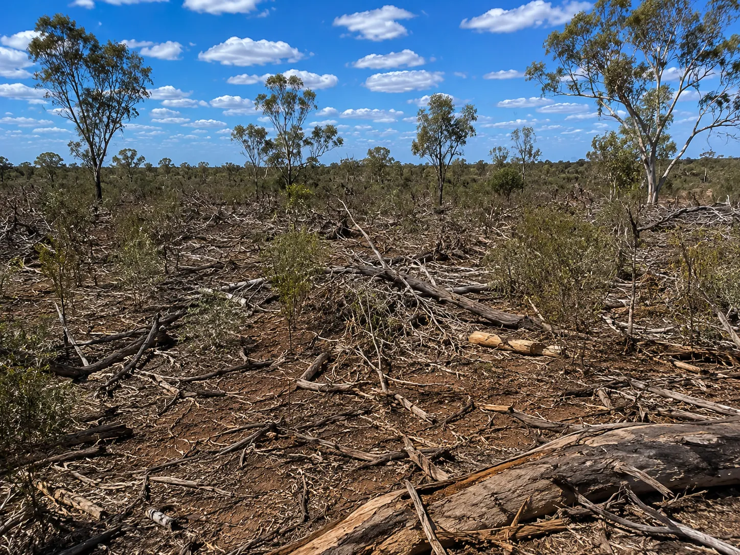 Paddock choked with fallen timber and scrub before stick raking in rural Queensland.