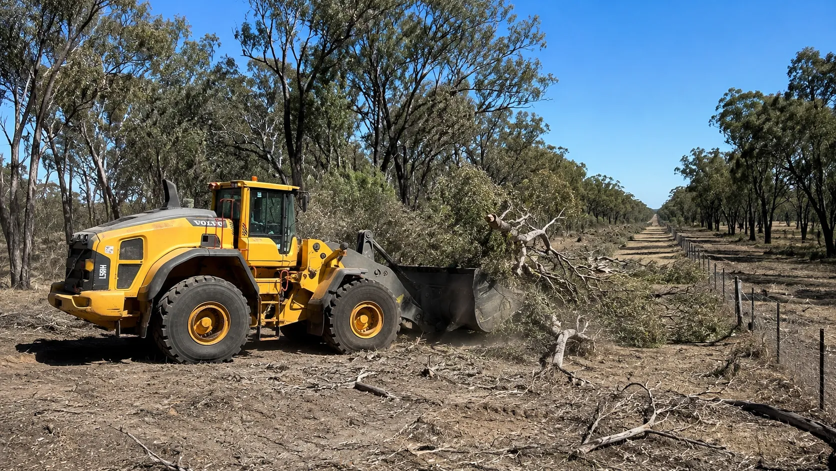Volvo L150H loader clearing a fence line in rural Queensland.