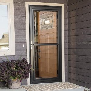 Outside view of an exterior door with glass.