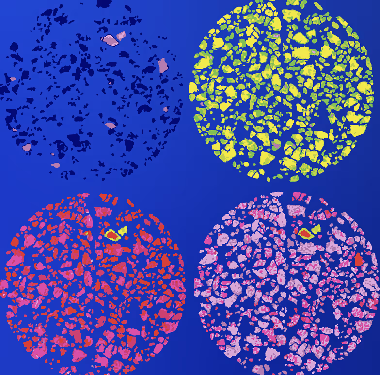 Four multi-colored circular patterns composed of irregular fragments on a blue background.