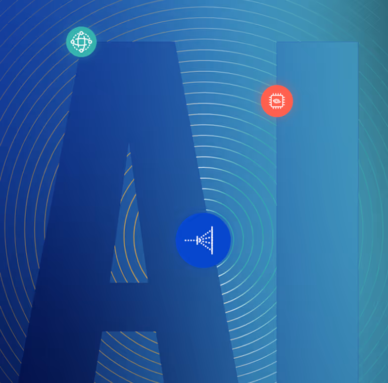 Large stylized letters AI on a blue gradient background with circular wave patterns and three small icons representing neural network, microchip, and speaker.