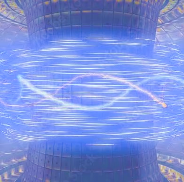 Futuristic glowing blue and purple rings encircling a cylindrical structure emitting a light wave pattern.