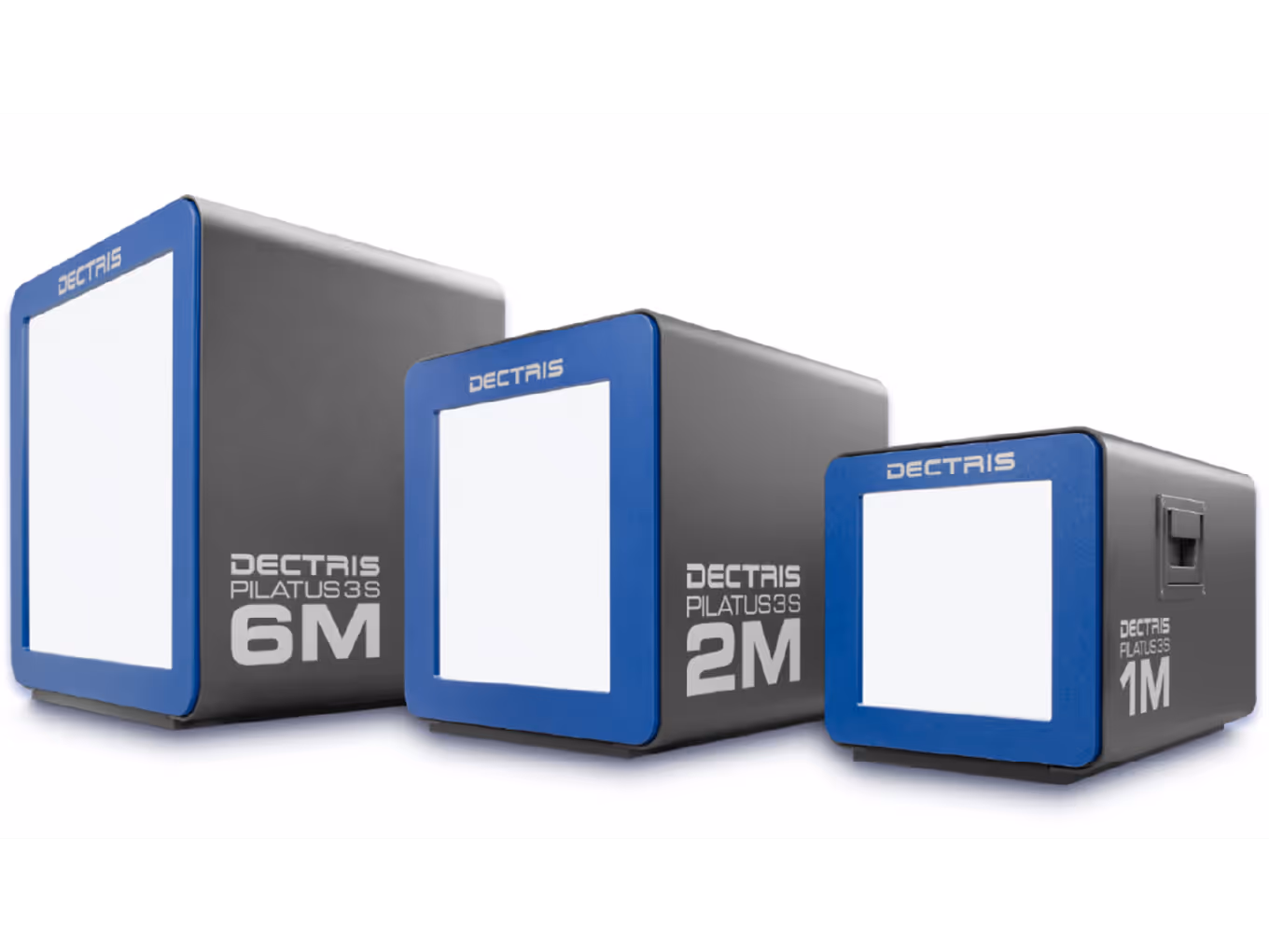 Three Dectris Pilatus 3S X-ray detectors in sizes 6M, 2M, and 1M with blue frames and black bodies.