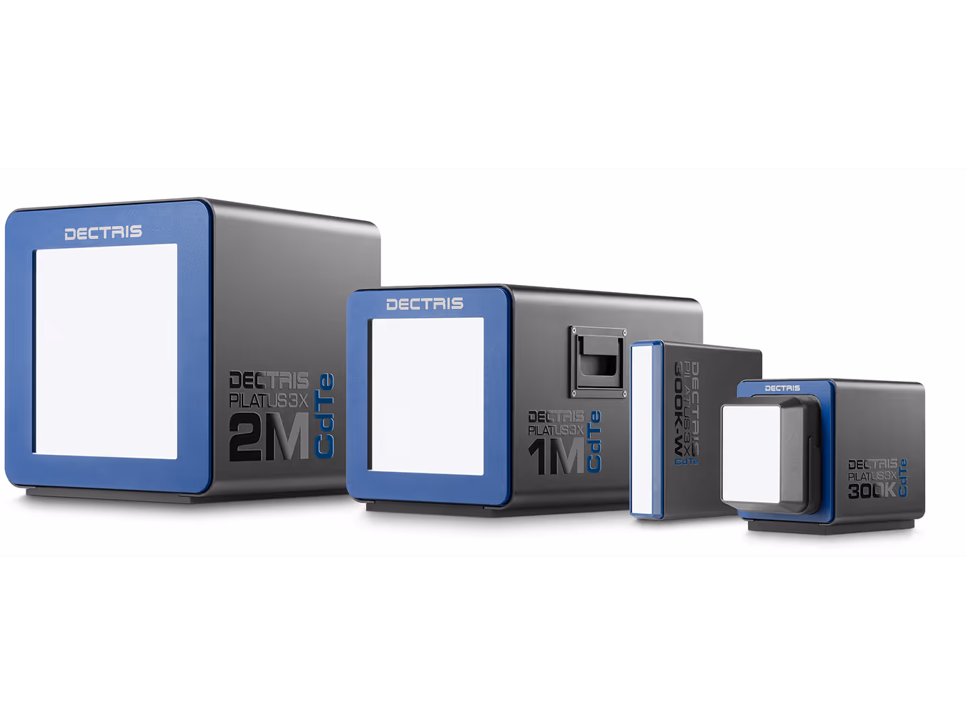Four DETECTRIS PILATUS3X CdTe X-ray detectors of varying sizes labeled 2M, 1M, 600K-W, and 300K.