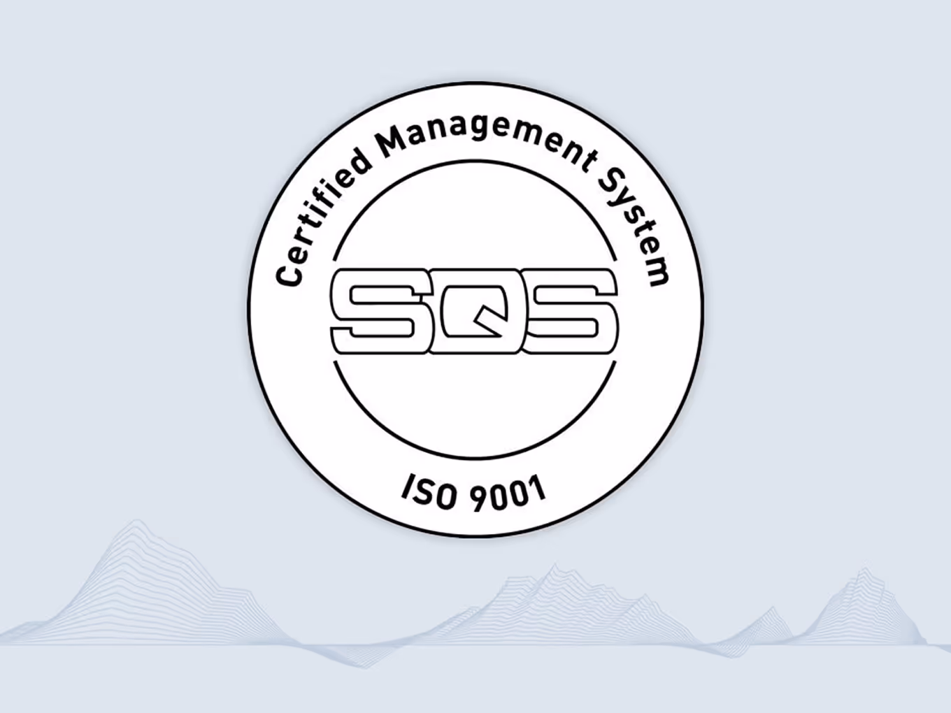 SQS Certified Management System ISO 9001 certification badge on a light blue background with abstract wave lines at the bottom.