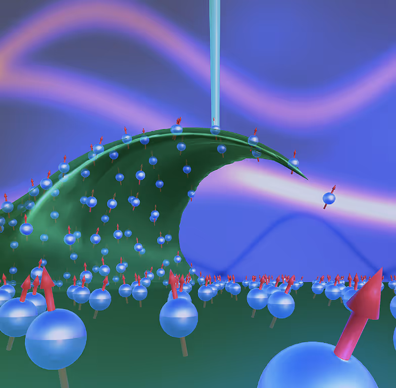 3D illustration depicting a curved green surface with blue spheres, each topped with a red arrow pointing upwards, set against a blue and purple abstract background.