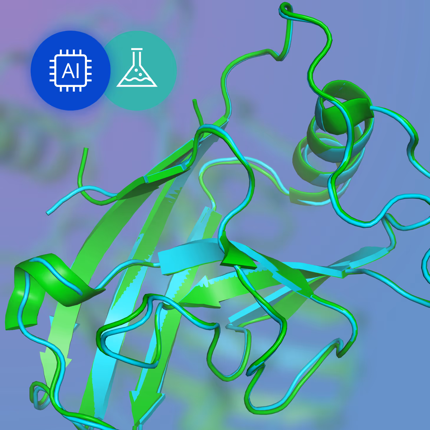 3D molecular model of intertwining protein strands in green and cyan on a blue-purple background.