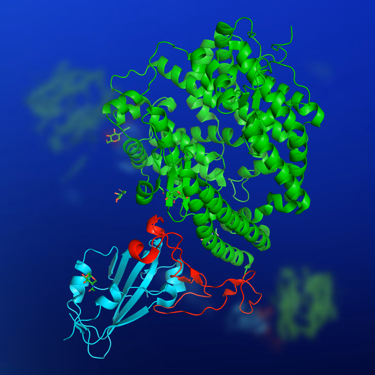 3D molecular model of a protein complex with green, cyan, and red ribbon structures on a blue background.
