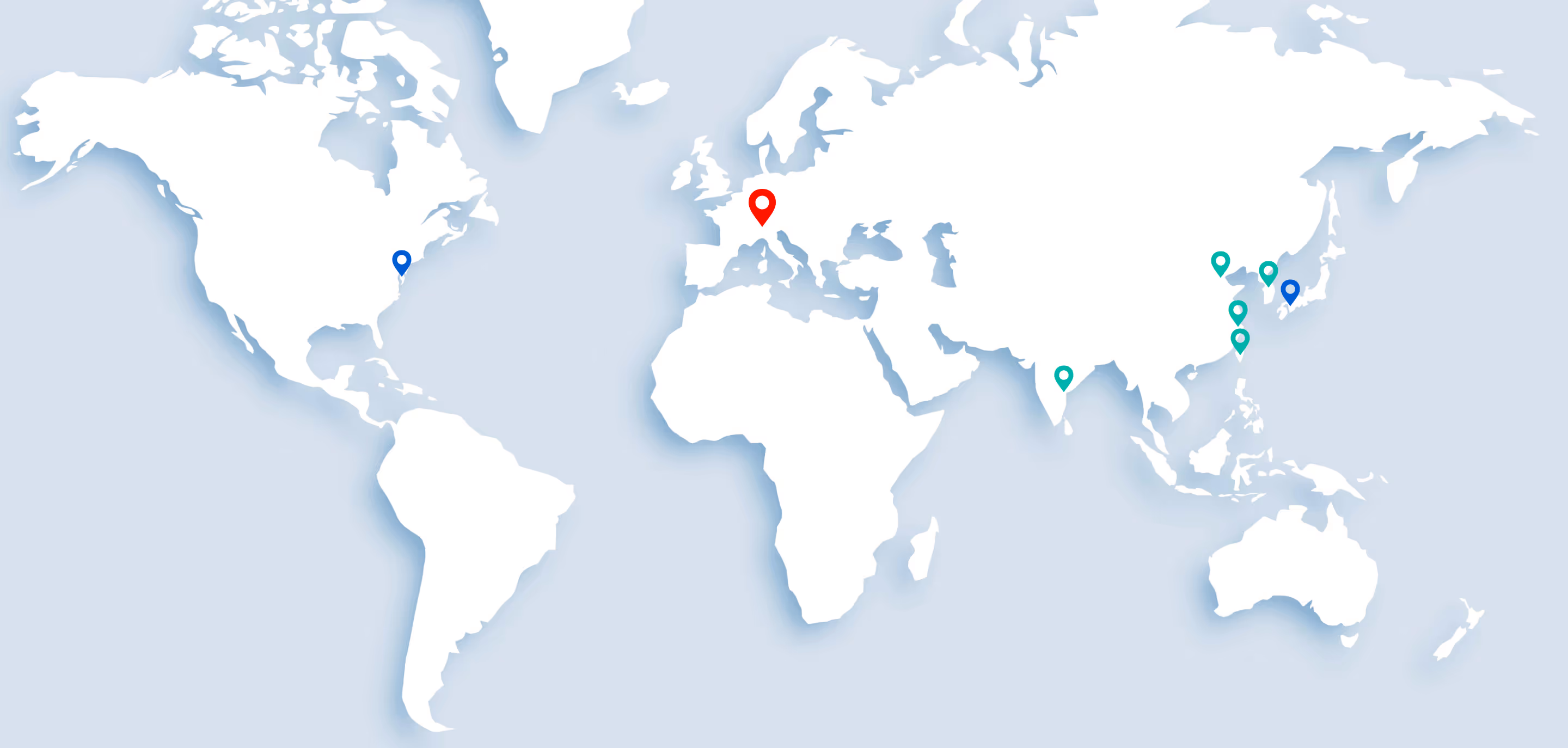 World map with colored location pins in North America, Europe, and several in Asia around Japan and India.