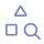Simple icons of a triangle, circle, square, and magnifying glass on black background.
