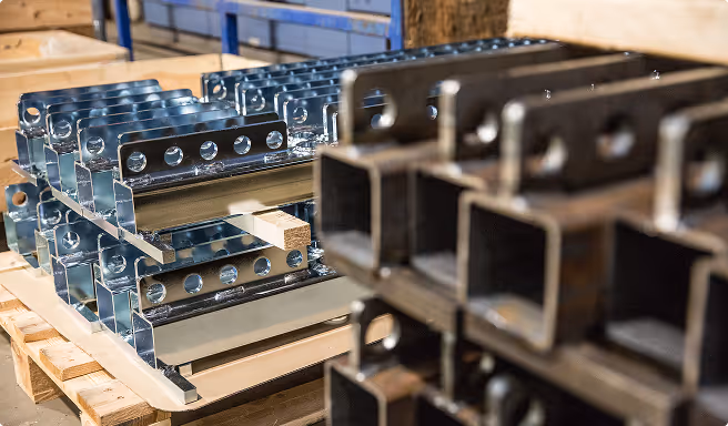Stacked metal brackets and square tubes on wooden pallets in an industrial setting.