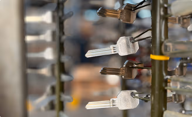 Multiple metal keys hanging on hooks in rows, seen in a close-up view with blurred background.