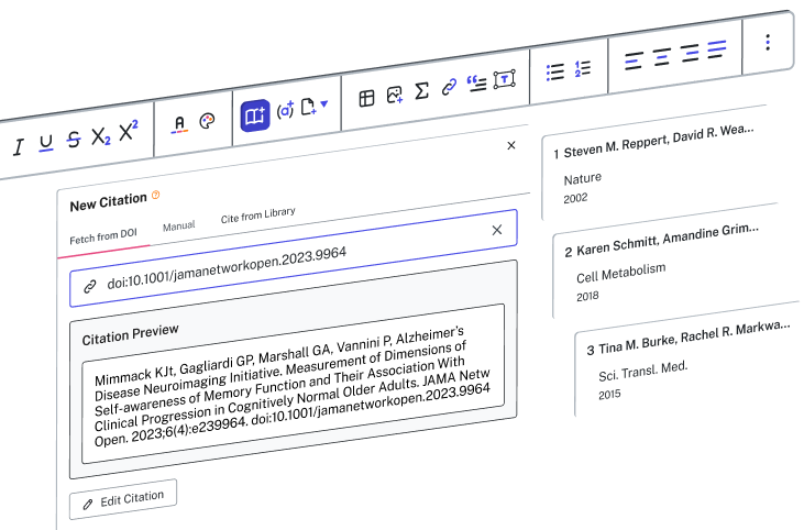 Screenshot of citation manager tool with DOI input, citation preview, and a list of three references.