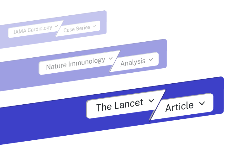 Three webpage dropdown menus labeled ‘JAMA Cardiology Case Series’, ‘Nature Immunology Analysis’, and ‘The Lancet Article’.