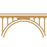 Brown silhouette of an arch bridge with vertical supports and a horizontal deck.