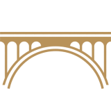 Brown silhouette of an arch bridge with vertical supports and a horizontal deck.