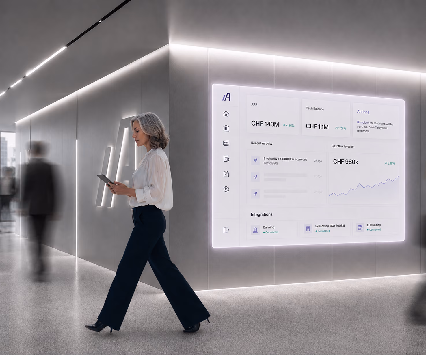 The Aderis dashboard showing live financial metrics, recent activity and connected integrations