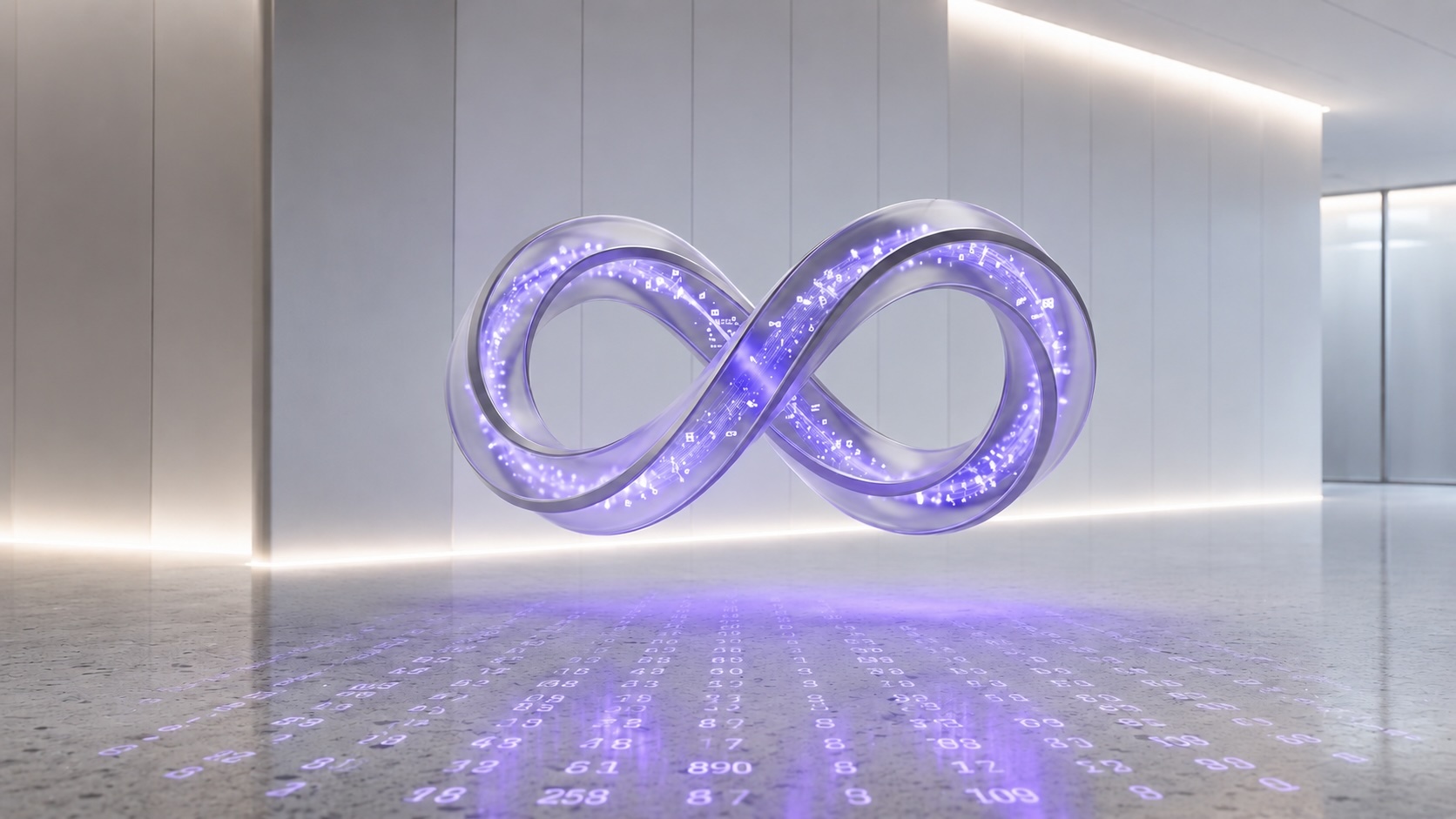 A glowing infinity loop above a floor of illuminated figures, representing the continuous close replacing the month-end accounting cycle.