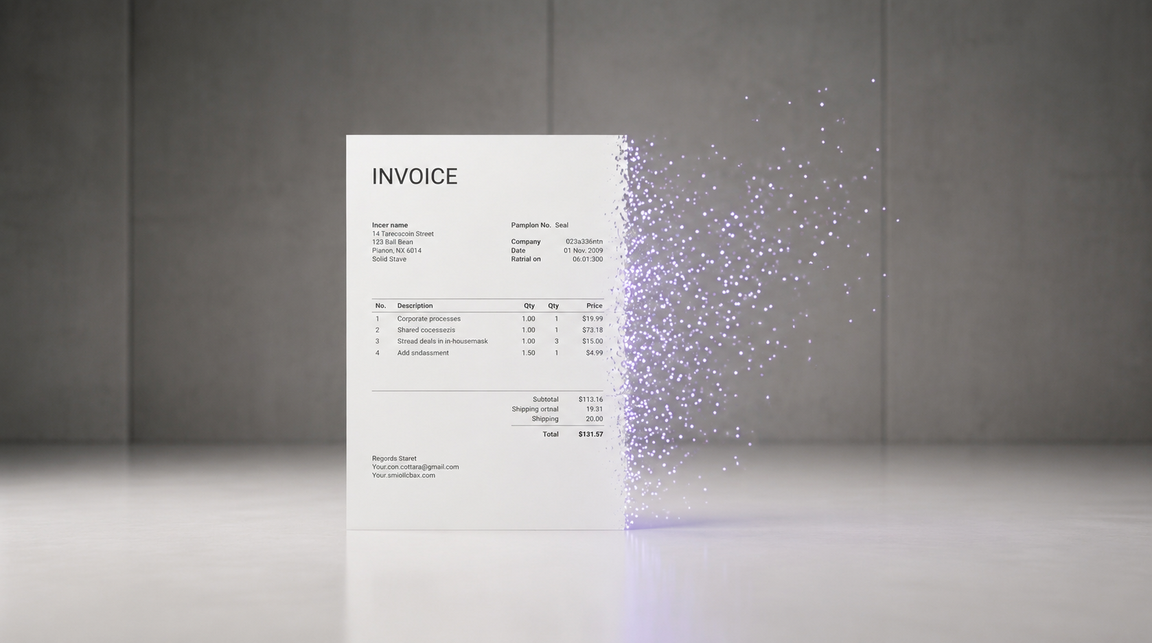 An invoice dissolving into particles, illustrating how AI-native finance architecture replaces static, document-based accounting.