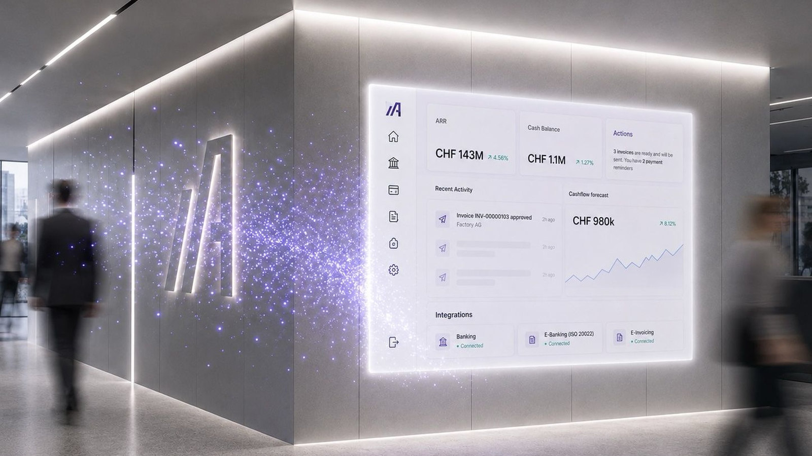 An Aderis Live Finance dashboard on an illuminated office wall, showing ARR, cash balance and a cashflow forecast staying current as the business runs.