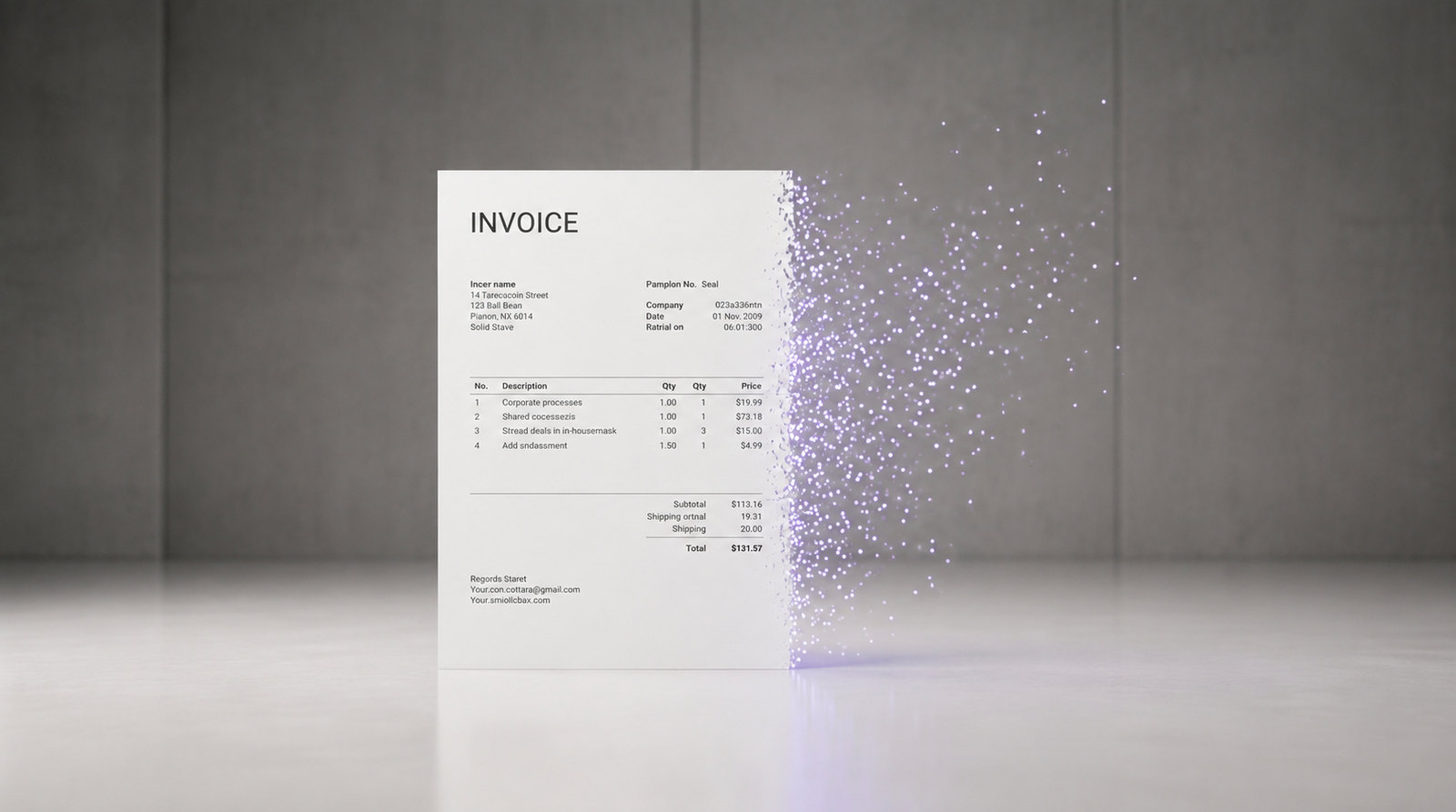 An invoice dissolving into particles, illustrating how AI-native finance architecture replaces static, document-based accounting.