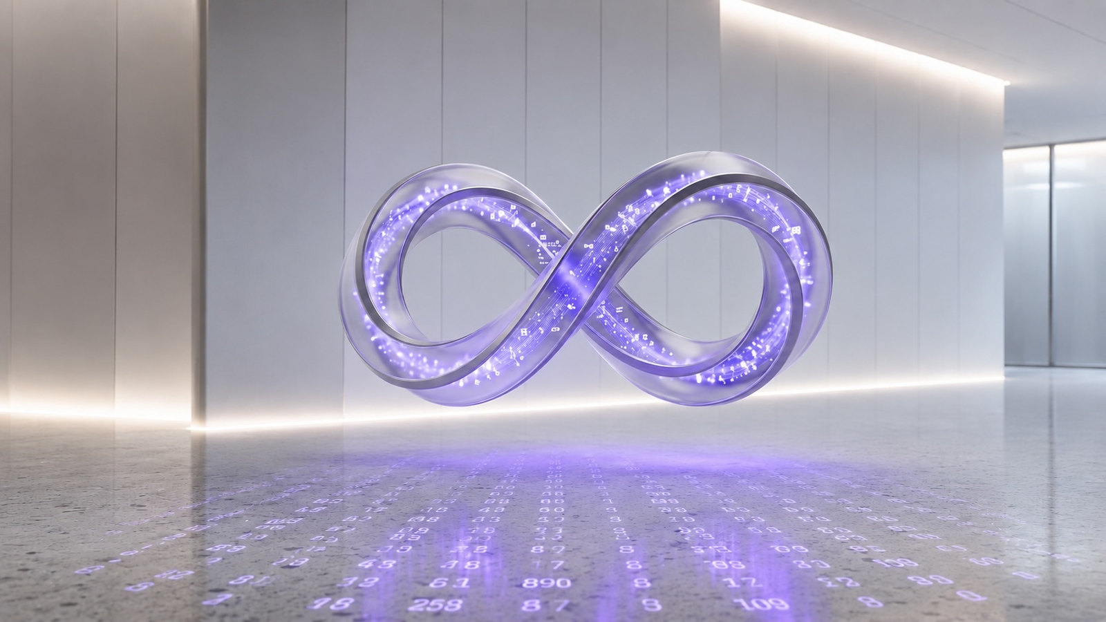 A glowing infinity loop suspended above a floor of illuminated numbers, representing the continuous close replacing the month-end accounting cycle.
