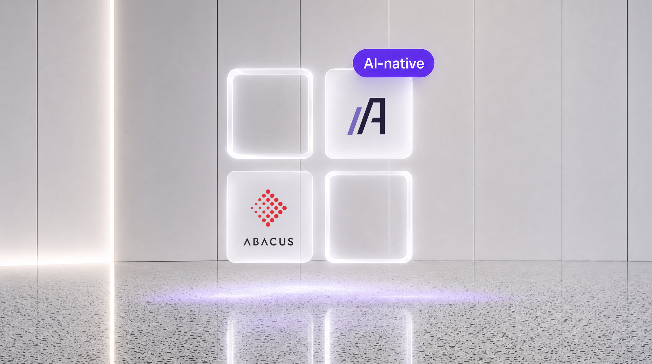 Abacus vs. Aderis comparison graphic: illuminated tiles carrying the Abacus and Aderis logos, with an AI-native label above the Aderis tile.