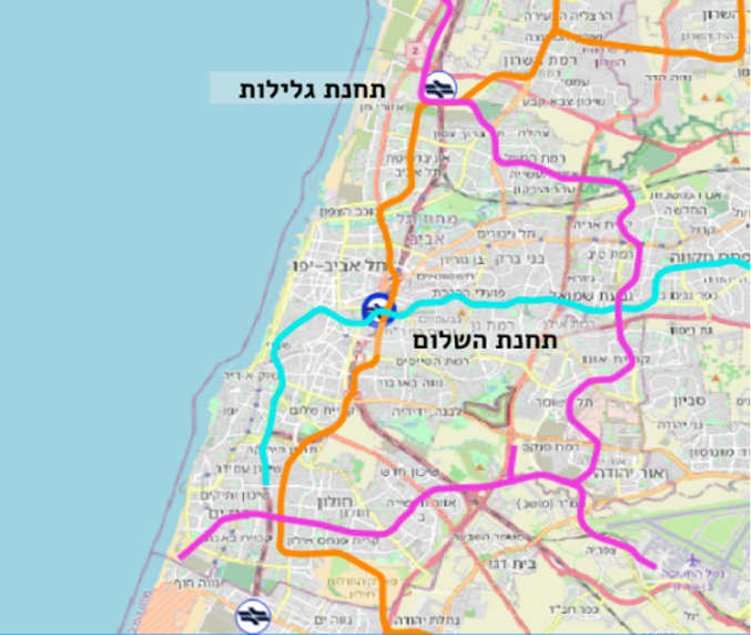 מפת קווי המטרו על רקע תחנת השלום ותחנת גלילות