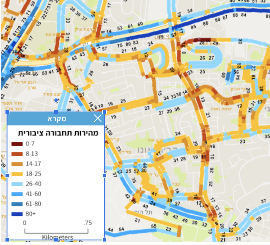 מפה המציגה את מהירות הנסיעה בתחבורה ציבורית בקרית אונו.