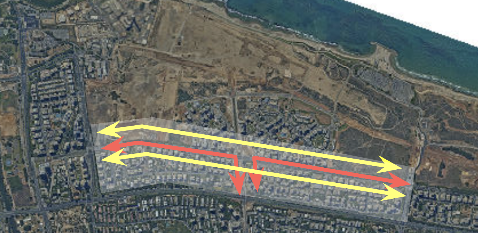 הצעה לשינוי כיווני הנסיעה ברחוב לוי אשכול --- באדום: לרכב פרטי | בצהוב: לתחבורה ציבורית