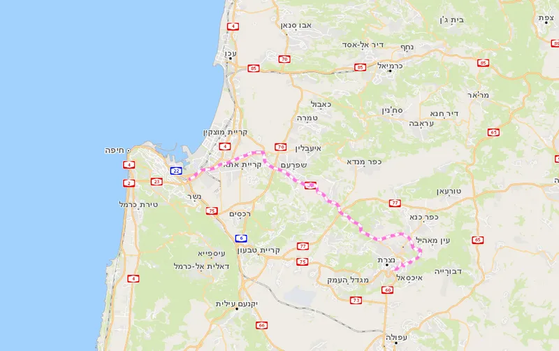 תוואי קו הרק'ל מנצרת לחיפה - רק'ל נופית
