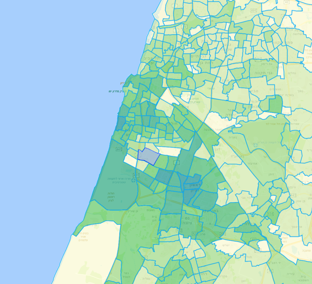 מתוך סקר הסלולרי של משרד התחבורה: ככל שהצבע כהה יותר כך מגיעים משם יותר אנשים לאזור התעשייה