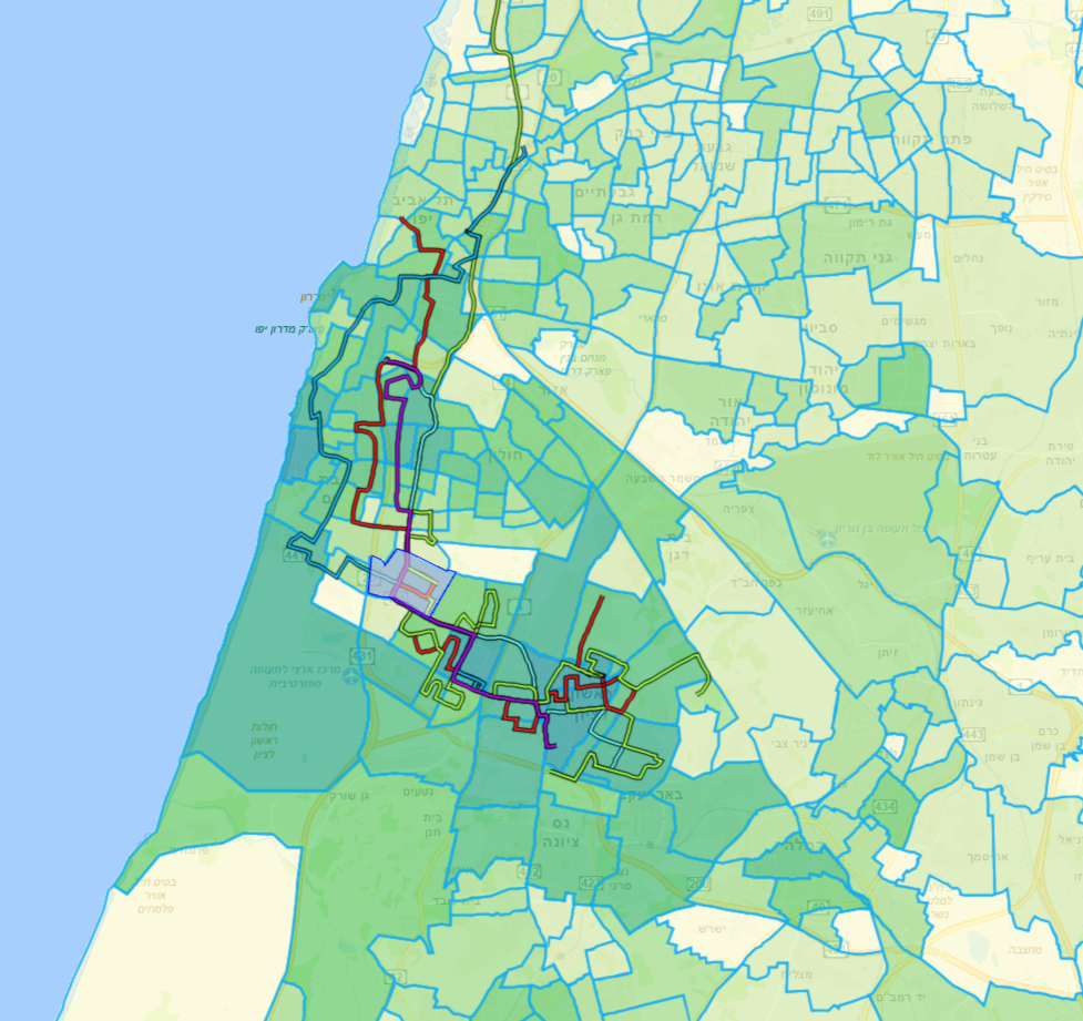 מפת קווים תדירים לאזור התעסוקה על רקע סקר הסלולרי. לאנשים רבים אין תחב'צ סבירה ולכן נאלצים לנהוג ולהאריך את הפקקים.