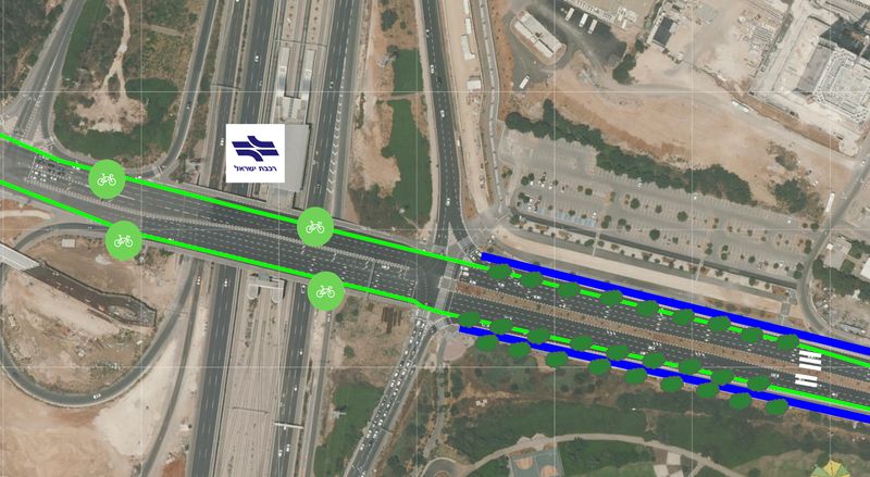 הצעה לעצים ושבילי אופניים לצד תחנת הרכבת. נתיבים לא עוזרים למי שמגיע בתחבורה ציבורית